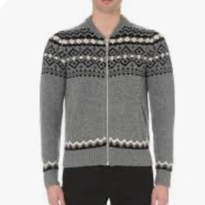 The Kooples Merino Wool Nordic Zip Cardigan Gray Blac Fair Isle Designer Sweater